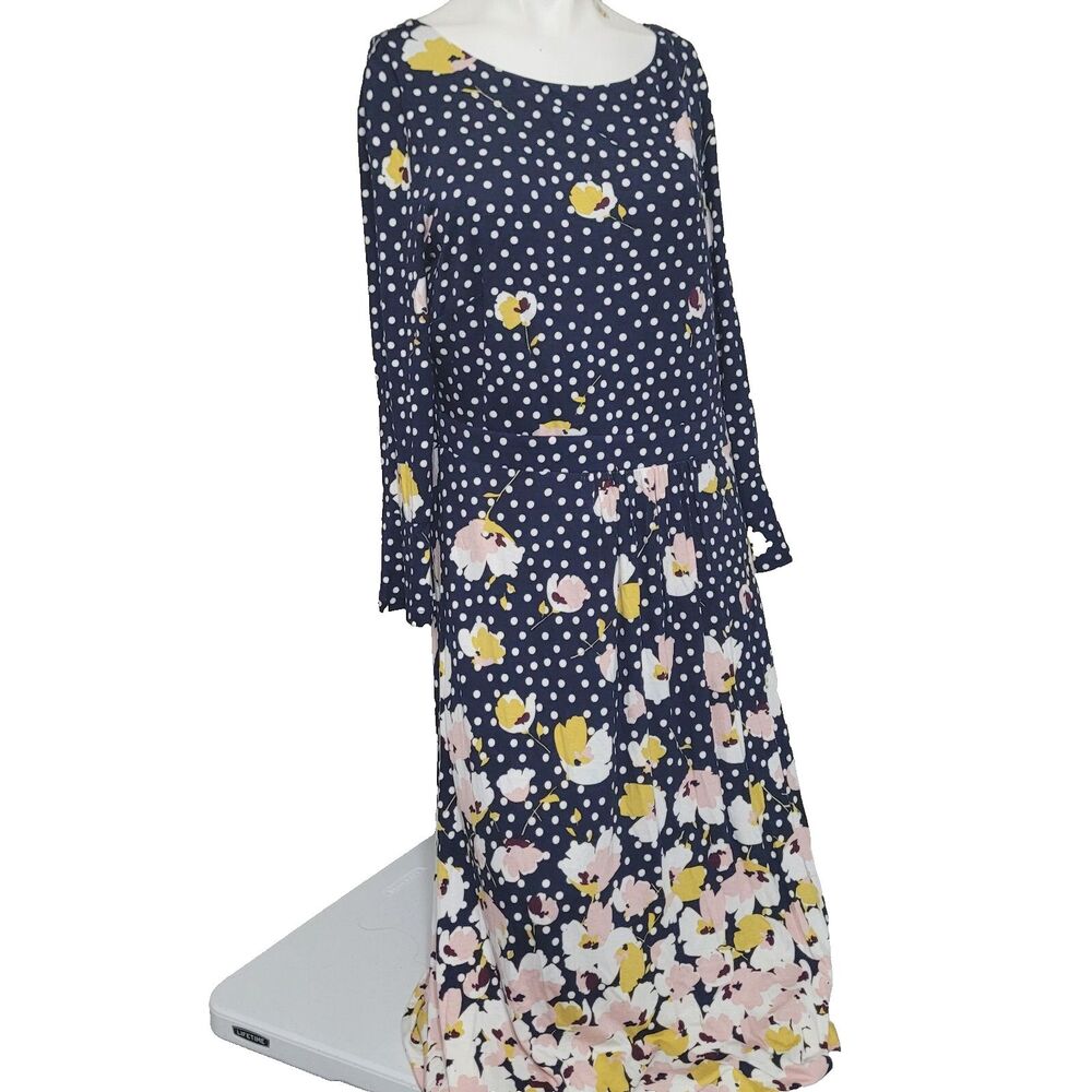 Boden size 12R Dress stretch flower polka dots bell sleeve pleated long